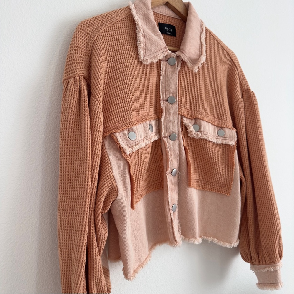 Vici Monica Cotton Waffle Knit Frayed Shacket • Pink Orange Combo - Picture 5 of 11